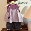 Verano Nuevo Estilo Camisola para Niñas Estilo Coreano Capa Superior sin Mangas Camisa de Muñeca Conjunto de Pantalones Casuales Elegantes para Niños Ropa para Niños