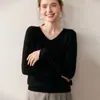 Camisa Clássica de Lã com Decote Coração para Mulheres Cor Sólida Simples Malha Camisa de Base Uma Linha Pronta para Vestir Suéter Sem Costura Manga Longa
