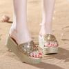 Sandalias Exteriores de Moda Estilo Coreano para Mujer Verano Nuevo Estilo Tacón de Cuña Plataforma de Suela Gruesa Sandalias y Pantuflas con Lentejuelas