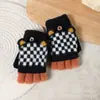 Luvas de Ciclismo Versáteis Estilo Coreano com Tampa Dobrável para Outono e Inverno para Estudantes, Luvas Sem Dedos Checkerboard com Orelha de Urso, Luvas Quentes com Tampa Dobrável de Dedo Dividido