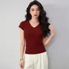 Camiseta Lisa de Manga Curta com Decote em V para Mulheres, Novo Estilo de Verão, Estilo Puro Desejo, Corte Justo, Ombro Normal, Camiseta Básica de Manga Meia-Manga Estilo Americano