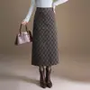Saia Lápis Midi Plissada de Cintura Alta Feminina 2026 Outono/Inverno Nova Lã Grossa Emagrecedora Média Justa ao Corpo