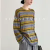 Blusa de lã, seda e Tencel para primavera e verão, top de malha listrado color block vintage de manga longa para mulheres