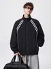 Chaqueta de rayas con cuello mao estilo retro americano para hombre, negra, ligera, transpirable, protectora del sol, chaqueta de béisbol casual deportiva para exteriores, algodón