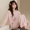 Pijama Doce Fofo Novo de Algodão Puro para Mulheres Roupa de Casa Gola Redonda Manga Longa com Bojo Conjunto de Roupa de Casa Pode Ser Usado Fora