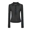 Suéter de punto a rayas color albaricoque con cuello polo, estilo suave, para mujer, atuendo de otoño, estilo coreano, versátil, corte ajustado, top de manga larga