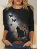 Camiseta de Mujer Estilo Nuevo Europeo y Americano Amazon Wish Sitio Independiente Estampado de Gato Negro Pullover Cuello Redondo Manga Larga Camiseta