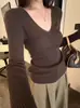 Suéter de malha justo de manga comprida para mulheres, camisa base de lã com decote V, top, nova coleção outono/inverno 2026
