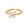 Anillo Abierto Dorado Cruzado de Acero Inoxidable con Piedra Ojo de Gato Mariposa para Mujer, Anillo de Animal Mariposa de Circonita de Cobre al por Mayor