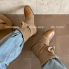 Versão em couro~Novas botinhas de tornozelo retrô para outono e inverno, bico redondo, com laço, para mulheres, estilosas e elegantes, botas western rasas versáteis