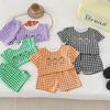 Traje de verano a cuadros de algodón fino para bebés, niños y niñas, camiseta de manga corta con estampado de frutas, pantalones, conjunto de dos piezas