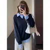 Senso de design Camisa com gola de duas peças da moda Top com capuz solto modelador para mulheres Outono Inverno Novo J0923W