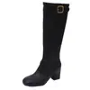 Botas de Metal Quadradas Quentes de Venda Estilo Coreano Botas Longas Femininas Verão Salto Grosso Emagrecedor Tubo Reto Botas de Cowboy Ocidentais Estilo Feminino