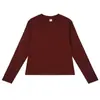 Camiseta Feminina de Algodão Puro Outono, Manga Longa, Ombro Normal, Corte Petite Curto, Camisa Básica Versátil Emagrecedora de Cintura Alta para Mulheres