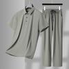Traje de papá de verano fino de manga corta elástico para hombre de mediana edad, camisa polo de seda de hielo, ropa deportiva informal, conjunto de dos piezas