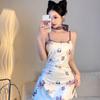 Sexy Bata de Noche Estampada con Tirantes Almohadilla en el Pecho para Mujer Verano Sin Mangas Ajustada Falda Corta Pura Deseo Chica Picante Cintura Ajustada Cadera Falda
