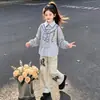 Estilo académico mediano y grande estilo casual infantil estilo retro lazo pantalones de pierna ancha niñas personalidad de moda solapa conjunto de sudadera moderno