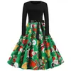 C5518 vestido grande de comércio exterior com decote redondo e manga comprida estampado, tamanho grande, para mulheres, de Natal