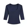 2566-Camiseta de Moda Cuadrada de Manga Media Estilo Europeo y Americano para Mujer 2025 Nuevo Top Básico Sexy Ajustado