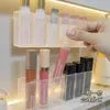 Caja de almacenamiento de gabinete con espejo, montada en la pared, sin perforaciones, organizador transparente para labiales y cosméticos para baño