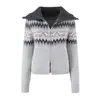Cárdigan de punto jacquard retro casual con cuello grande y cremallera, nueva chaqueta suéter casual holgada de ajuste slim para otoño e invierno