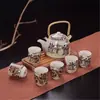 Conjunto de Chá Jogo Bule Grande Porcelana Azul e Branca Bule com Alça de 7 Cabeças Cerâmica Peônia Chinês Retrô Atacado Xícara de Chá Doméstica