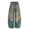 Calça Jeans Amarela Desconstruída Estilo Americano Tingida com Lama, Rasgada, Lavada e Desgastada para Homens e Mulheres, Nova Outono Solta Versátil Calça Cimitarra