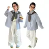 Conjunto de Camisa Primavera e Verão para Meninas 2026 Moda Estilo Coreano Casual Conjunto de Camisa com Xale e Calça para Crianças Mais Velhas