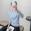 Suéter feminino de lã fina com lapela e botões, macio para primavera e outono, simples, delicado, liso e elegante, top de tricô para o trabalho