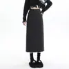 Saia de Lã Cinza com Fenda nas Costas para Mulheres no Outono e Inverno Saia de Comprimento Médio Cintura Alta Forrada com Fleece Justa ao Corpo Look Emagrecedor Reto Saia Evasê