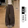 Pantalones verde militar de pierna curva para mujer, nuevo estilo de otoño, de cintura alta, corte holgado, con caída fluida, pantalones casuales de pierna ancha, pantalones deportivos estilo americano