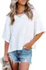 2026 Amazon Transfronterizo Verano Nuevo Estilo Europeo y Americano Patchwork Color Sólido Cuello Redondo Holgado Top Camiseta con Mangas de Tres Cuartos Acampanadas