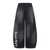 Calça Jogger Esportiva Lavada com Estampa de Letras Estilo Americano para Homens e Mulheres, Caimento Solto, Emagrecedora, Calça Casual de Perna Larga para Street Dance