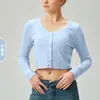 Cardigan de Punto Acanalado de Manga Larga con Botones, Estilo Nuevo Transfronterizo, Alta Elasticidad, Ajustado, Top Deportivo de Fitness para Mujer para Usar Afuera