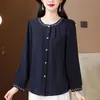 Camisa de algodón y lino elegante con bordados que rejuvenecen para mujer, nueva de principios de otoño, corte holgado, cubre abdomen, versátil, de manga larga
