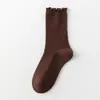 Calcetines holgados para mujer, calcetines de otoño e invierno con bordes rizados, calcetines de encaje hasta la mitad de la pantorrilla, calcetines de primavera y otoño, calcetines de algodón de color liso sin costuras