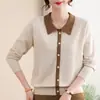 Elegante Ropa de Madre para Primavera y Otoño Tejido de Punto con Solapa Roja Manga Larga Delgado Cardigan de Lana Prenda Exterior Capa Base Superior