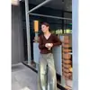 Suéter elegante de malha mista com gola V torcida e mangas compridas para mulheres, top de design slim-fit para outono e inverno