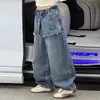 Calça Jeans Feminina Primavera e Outono 2026 Nova Casual Menina Estilo Coreano Crianças Médias e Grandes Nicho Jeans Falso de Duas Peças Tendência