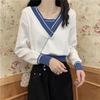 Suéter de Tricô Soltinho Estiloso Retrô com Decote em V para Mulheres, Novo Suéter de Tricô Curto Color Block de Primavera e Outono, Blusa Falsa de Duas Peças Atacado