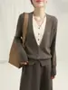 Cardigan de Punto de Bloques de Color de Moda con Cuello en V, Falso Dos Piezas para Mujer, Suéter de Manga Larga para Primavera y Otoño, Top Elegante de Corte Ajustado, Negro