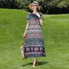 Vestido de Algodão e Seda para Mãe de Verão Feminino Elegante Manga Curta Comprimento Médio Solto Plus Size Emagrecedor Saia de Praia
