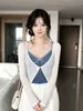 Conjunto Estampado Azul e Branco Verão Deslumbrante Estilo Coreano para Mulheres Cobertura de Tricô Proteção Solar Camisola Floral Top de Corte Justo Tendência