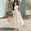 Vestido francés floral con cuello en V, halter, tirantes, para mujer, verano, nuevo, vacaciones junto al mar, hermoso, ceñido a la cintura, falda línea A de dobladillo amplio