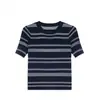 2026 Verano Nuevo Holgado Elegante Casual Versátil Rayas Color de Contraste Cuello Redondo Tejido Manga Corta Top para Mujer