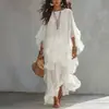 Elegante y estilizado vestido largo con volantes, vestido de estilo francés para mujer, con mangas tipo linterna, abalorios de alta gama, una silueta en A y cuello redondo, con corte holgado