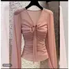 Blusa única e linda com cadarço e decote V para mulheres, camiseta plissada de manga longa para outono, top preto novo estiloso e elegante