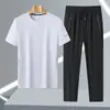 8306-2 Verano Hombres Seda de Hielo Transpirable que Absorbe la Humedad Conjunto Deportivo Casual Cuello Redondo Pantalón Largo Moda de Alta Calidad Secado Rápido