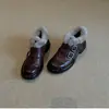Versão em Pele de Ovelha~ Sapatos Peludos Estilo Britânico com Tiras Duplas, Novo Estilo Outono e Inverno, Sapatos Pequenos de Couro com Forro de Lã, Sapatos de Salto Grosso de Solado Único, Sapatos de Algodão Femininos