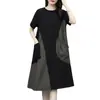 Vestido de Verano 2023 para Mujer con Empalme de Color Contrastante de Longitud Media Estilo Occidental Talla Grande Holgado Aspecto Adelgazante Falda que Cubre el Vientre